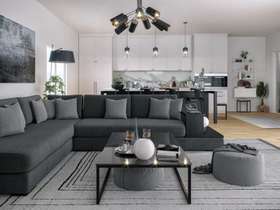 Picture of modern living and kitchen area. Render image.